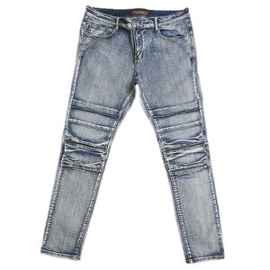 Crysp Denim Distressed ridged blue jeans, size 38x32